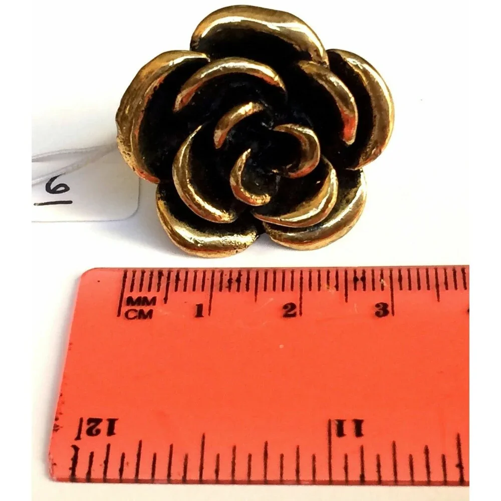 Vtg Gold Tone Rose Flower Bloom Cocktail Ring Size 6 7 8 Chunky Statement Boho